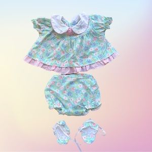 VTG 90's Cradle Togs Easter Green Pink Floral Dress Bloomers & Booties 0-6 mnths